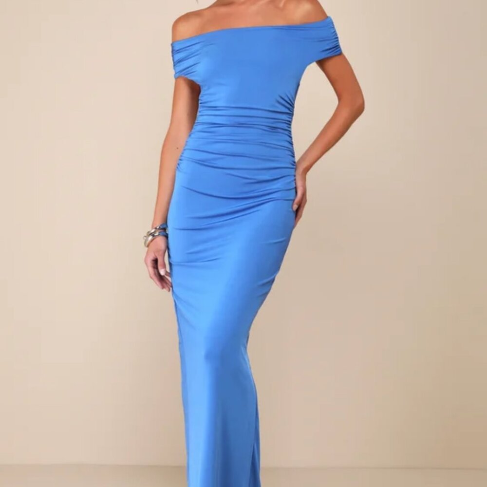 Brilliant Elegance Blue Off-the-Shoulder Backless Maxi Dress